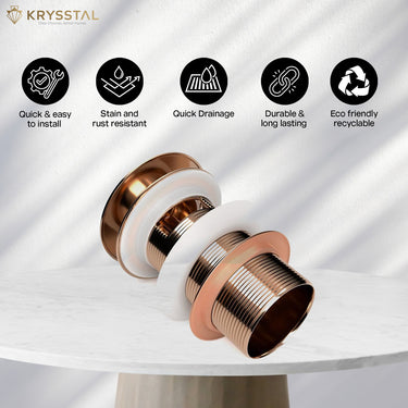 Rose gold drain plug with its features listed on the top a white background