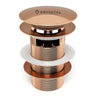 Rose gold Pop-up bathtub drain with Krysstal branding on a white background