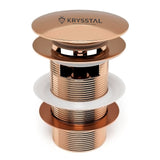 Rose gold Pop-up bathtub drain with Krysstal branding on a white background