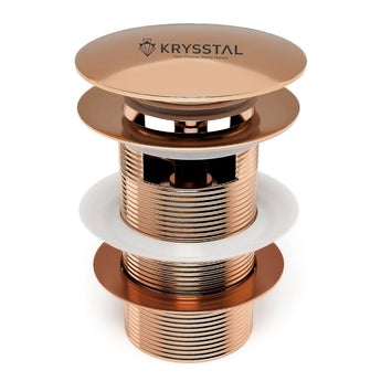 Rose gold Pop-up bathtub drain with Krysstal branding on a white background