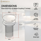 Rose gold pop-up waste coupling with detailed dimensions in mm and features on a right side on a blurred white background