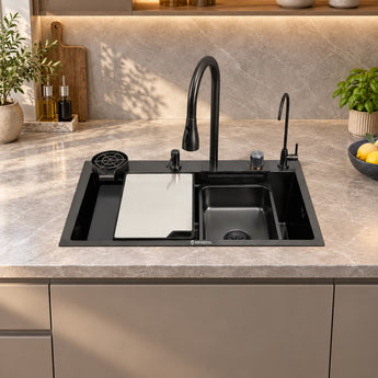 Magnus Nano Black 304 SS Kitchen Sink with Integrated Waterfall, RO Tap & Triple Flow Pull-out Tap (24 x 18 x 9 Inches)