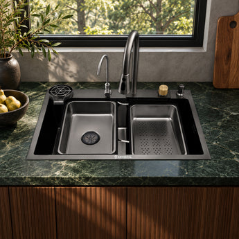 Magnus Nano Black 304 SS Kitchen Sink with Integrated Waterfall, RO Tap & Triple Flow Pull-out Tap (30 x 18 x 9 Inches)