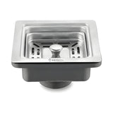 Stainless steel sink drain with Krysstal branding on a white background