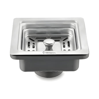 Stainless steel sink drain with Krysstal branding on a white background