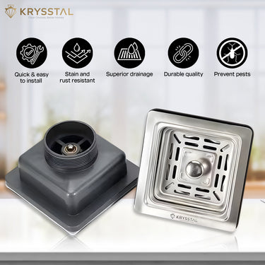 Kitchen drain cover with features listed on the top on a white blurred background