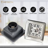 Kitchen sink drain cover with features listed on the top on a blurred white background