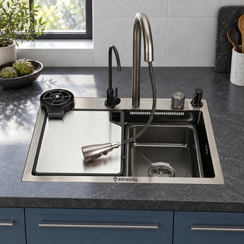 Smart Modular 304 SS Kitchen Sink (24" x 18 x 9") with Integrated Waterfall, RO Tap & Nano-Coating Technology