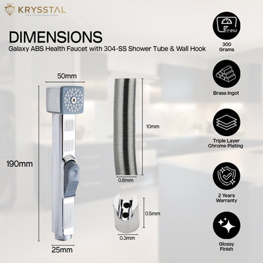The dimensions of a handheld shower with a silver head and a white ABS handle with its features, shown on a transparent background.
