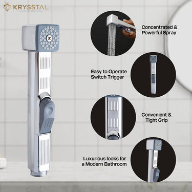 Health faucet gun with 4 different featured images on a white tile background.