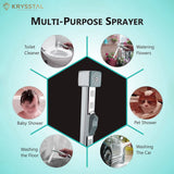 Multi-purpose health faucet sprayer gun showing usage scenarios on a light blue background.