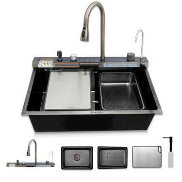 MAGNUS PIANO Smart 304 SS Kitchen Sink with Digital Display, Dual Waterfalls & RO Tap (30 x 18 x 9 inches)