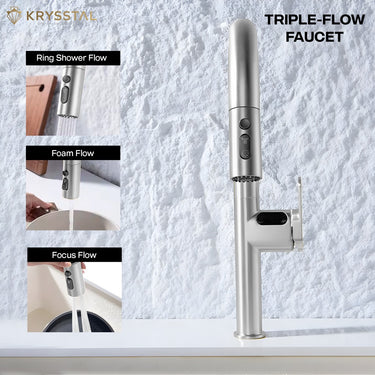 Triple-flow faucet with flow demonstrations on a textured white background, featuring Krysstal brand.