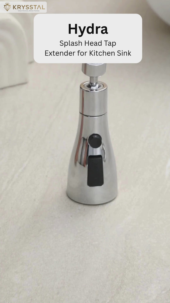 A video of the silver-colored faucet aerator with a Hydra splash head tap being putting on the grey surface.