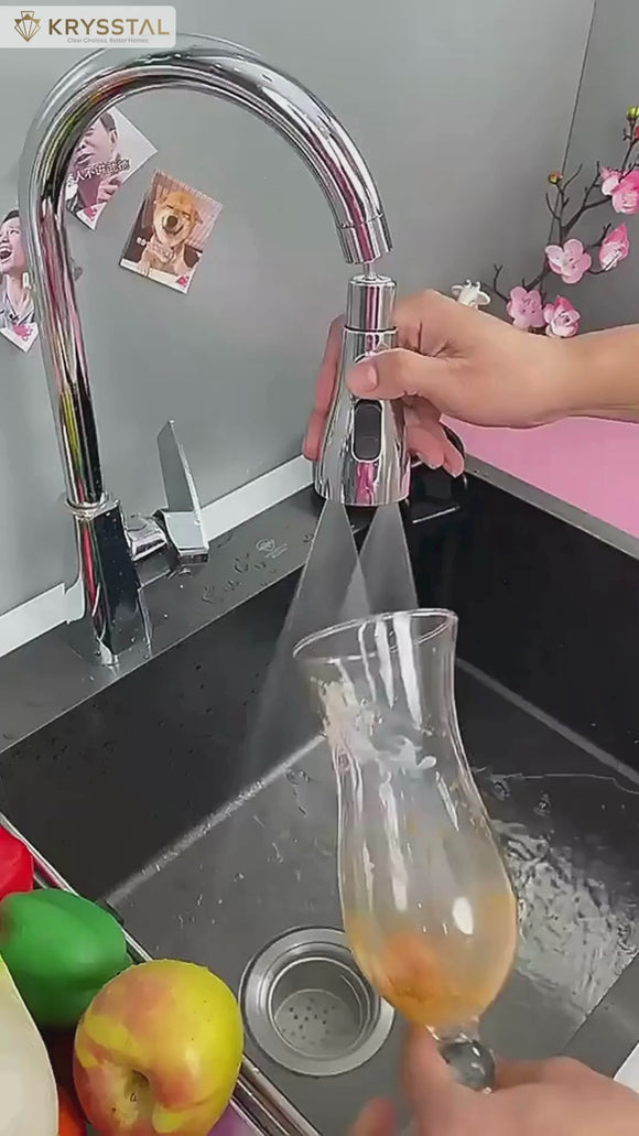 The video of the silver-colored faucet aerator with hand-held pulling features is shows while washing glass.